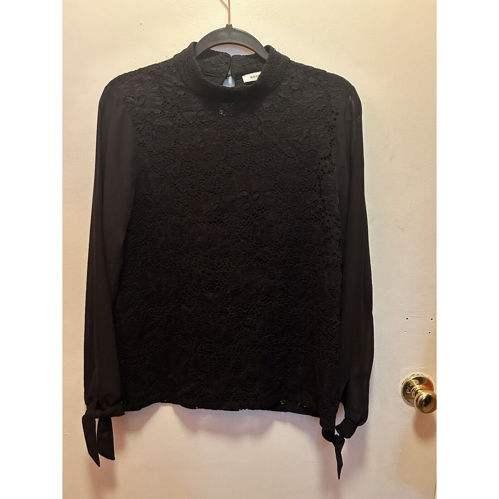 Rose + Olive, size M black lace high neck top, with sheer long sleeves